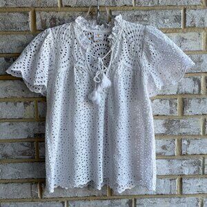 By Together Short Sleeve Tie V-Neck White Eyelet Cotton Blouse Women's Size S